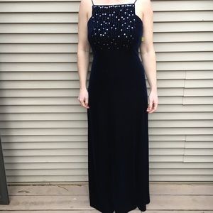 NWT Caliendo open back high neck velvet navy blue dress gown